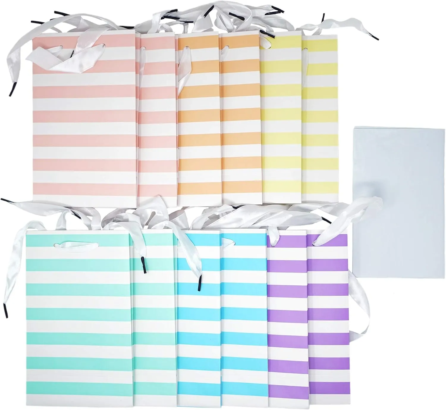 Chloe Elizabeth Paper Favor Gift Bags for All Events & Parties w/Satin Ribbon Handles   Decorative Tissue Paper, 12 Count (Rainbow Pastel Mix)