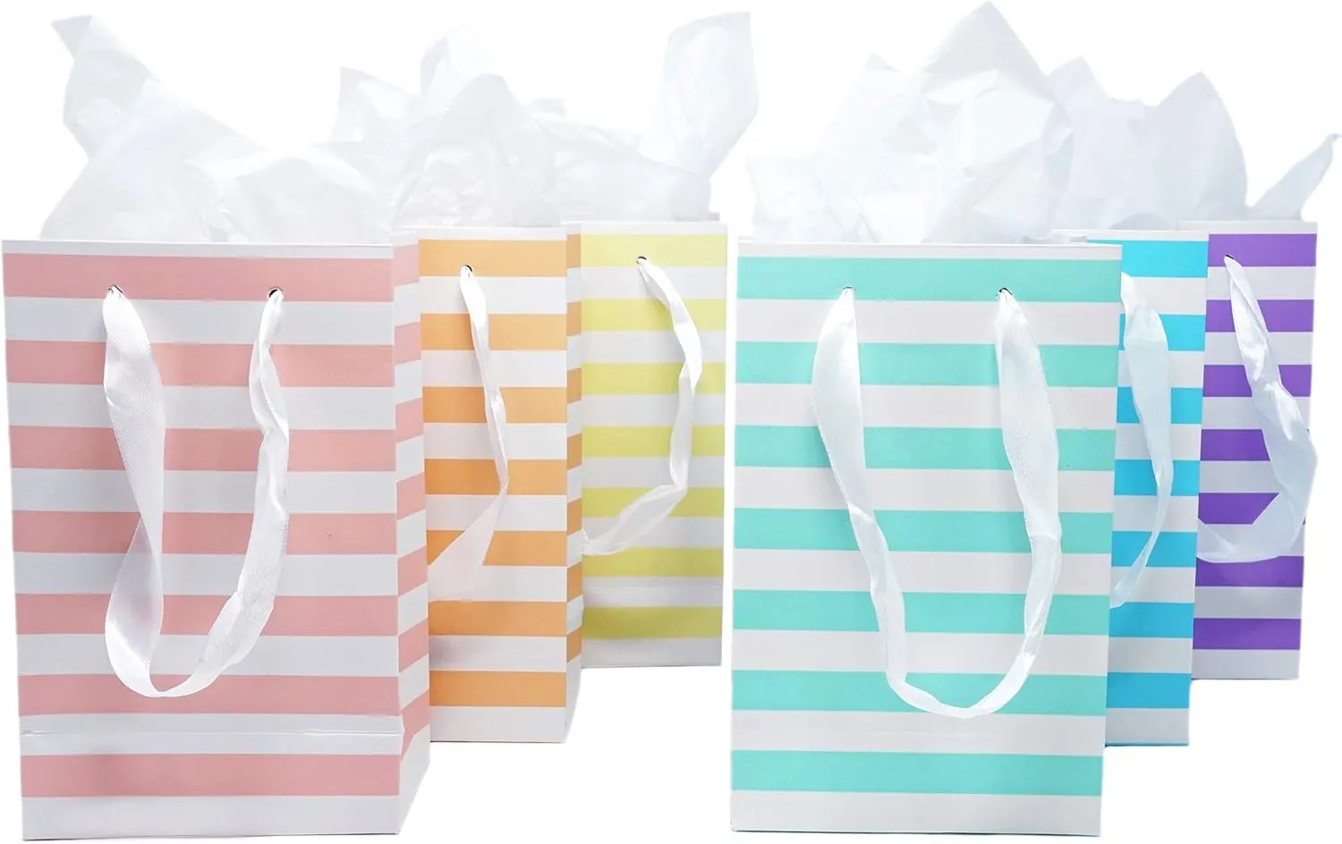 Chloe Elizabeth Paper Favor Gift Bags for All Events & Parties w/Satin Ribbon Handles   Decorative Tissue Paper, 12 Count (Rainbow Pastel Mix)