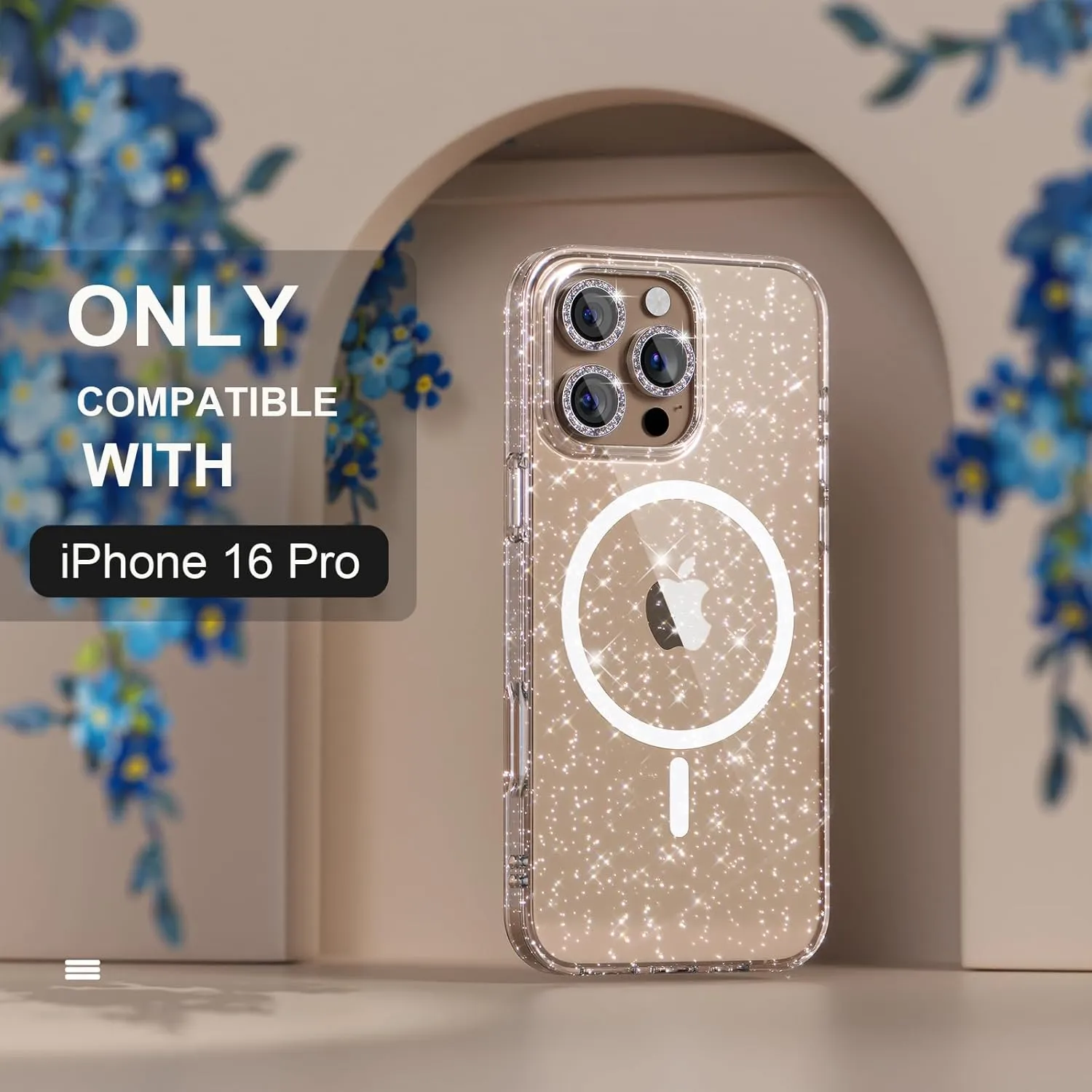 Choiche for iPhone 16 Pro Case Magnetic, Women Clear Glitter Bling Sparkly Case, [3xDiamond Camera Lens Protectors] [2xTempered Glass Screen Protectors] [Compatible MagSafe] 6.3" (Glitter Clear)