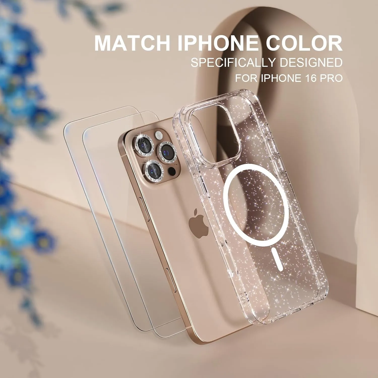 Choiche for iPhone 16 Pro Case Magnetic, Women Clear Glitter Bling Sparkly Case, [3xDiamond Camera Lens Protectors] [2xTempered Glass Screen Protectors] [Compatible MagSafe] 6.3" (Glitter Clear)