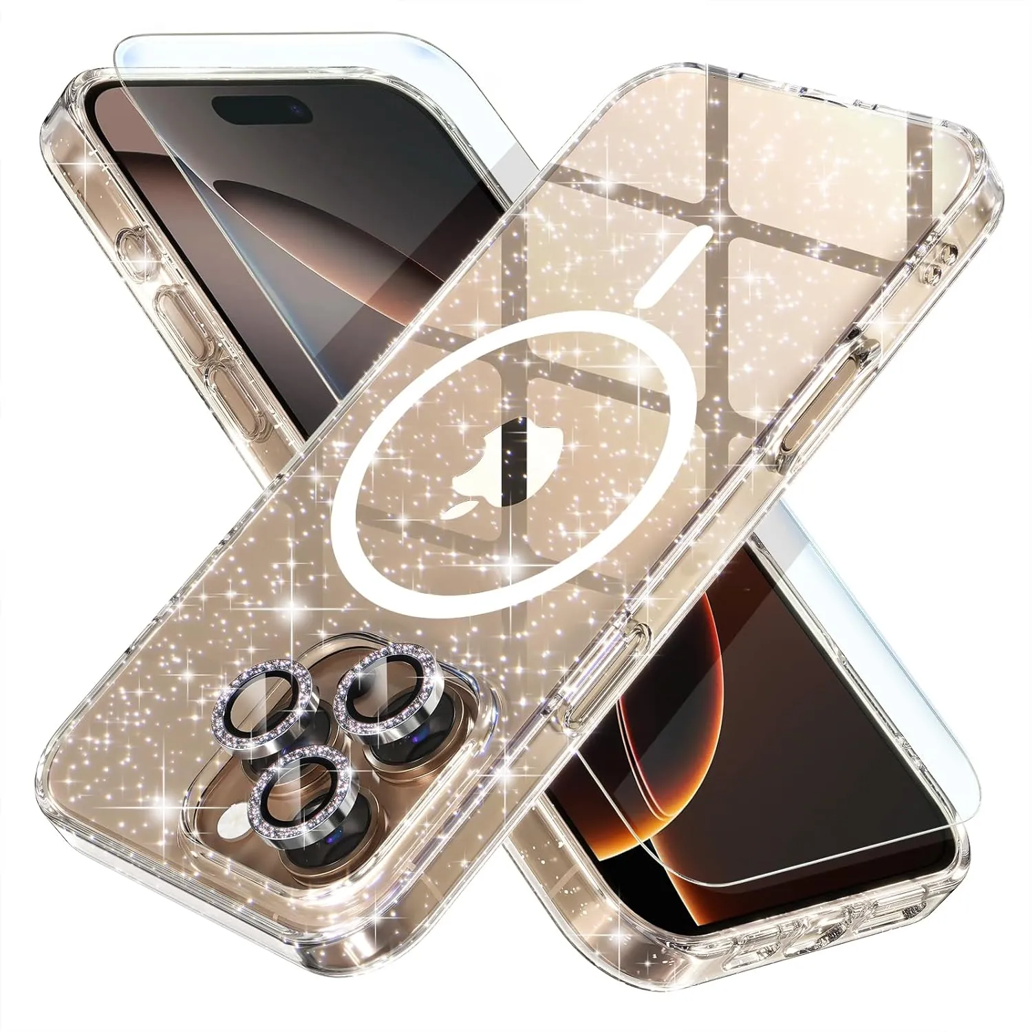 Choiche for iPhone 16 Pro Case Magnetic, Women Clear Glitter Bling Sparkly Case, [3xDiamond Camera Lens Protectors] [2xTempered Glass Screen Protectors] [Compatible MagSafe] 6.3" (Glitter Clear)