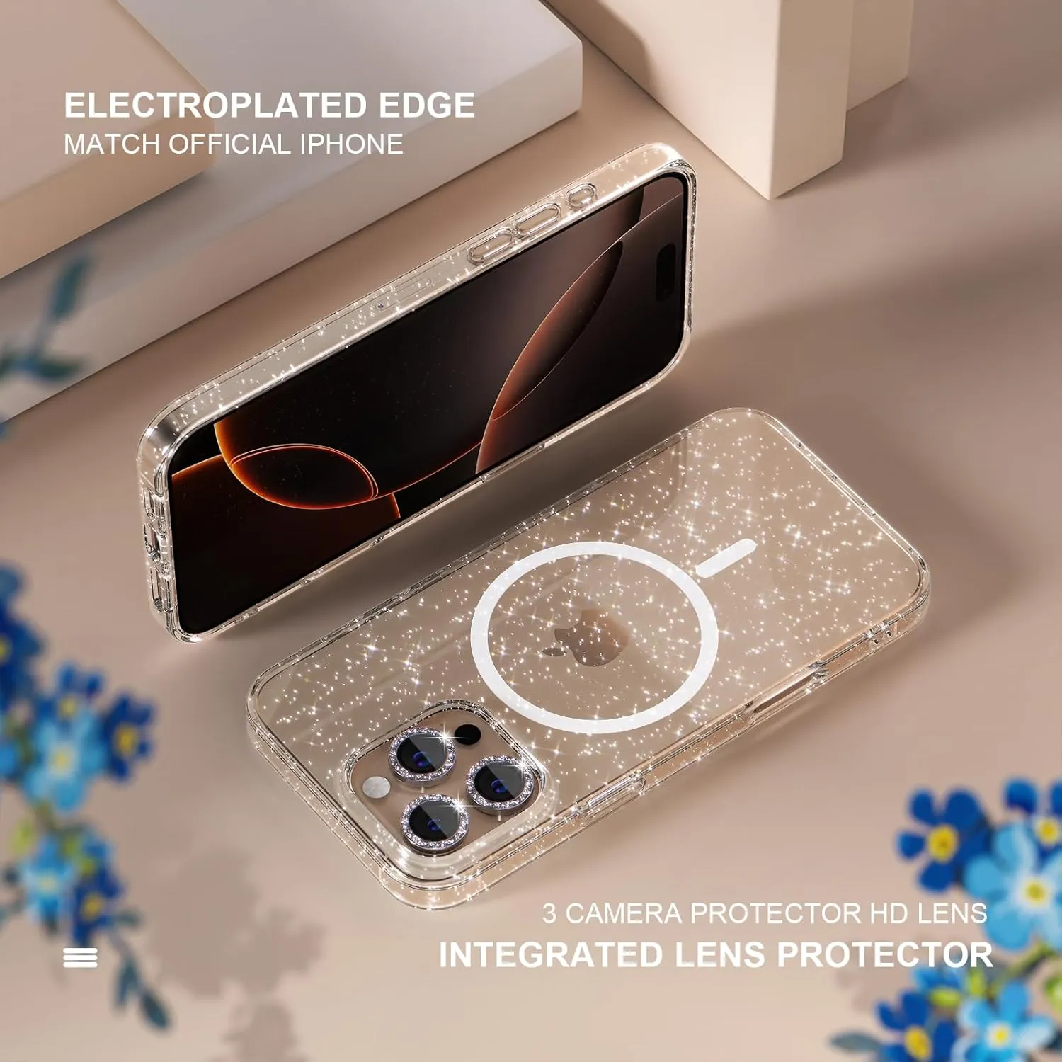 Choiche for iPhone 16 Pro Case Magnetic, Women Clear Glitter Bling Sparkly Case, [3xDiamond Camera Lens Protectors] [2xTempered Glass Screen Protectors] [Compatible MagSafe] 6.3" (Glitter Clear)