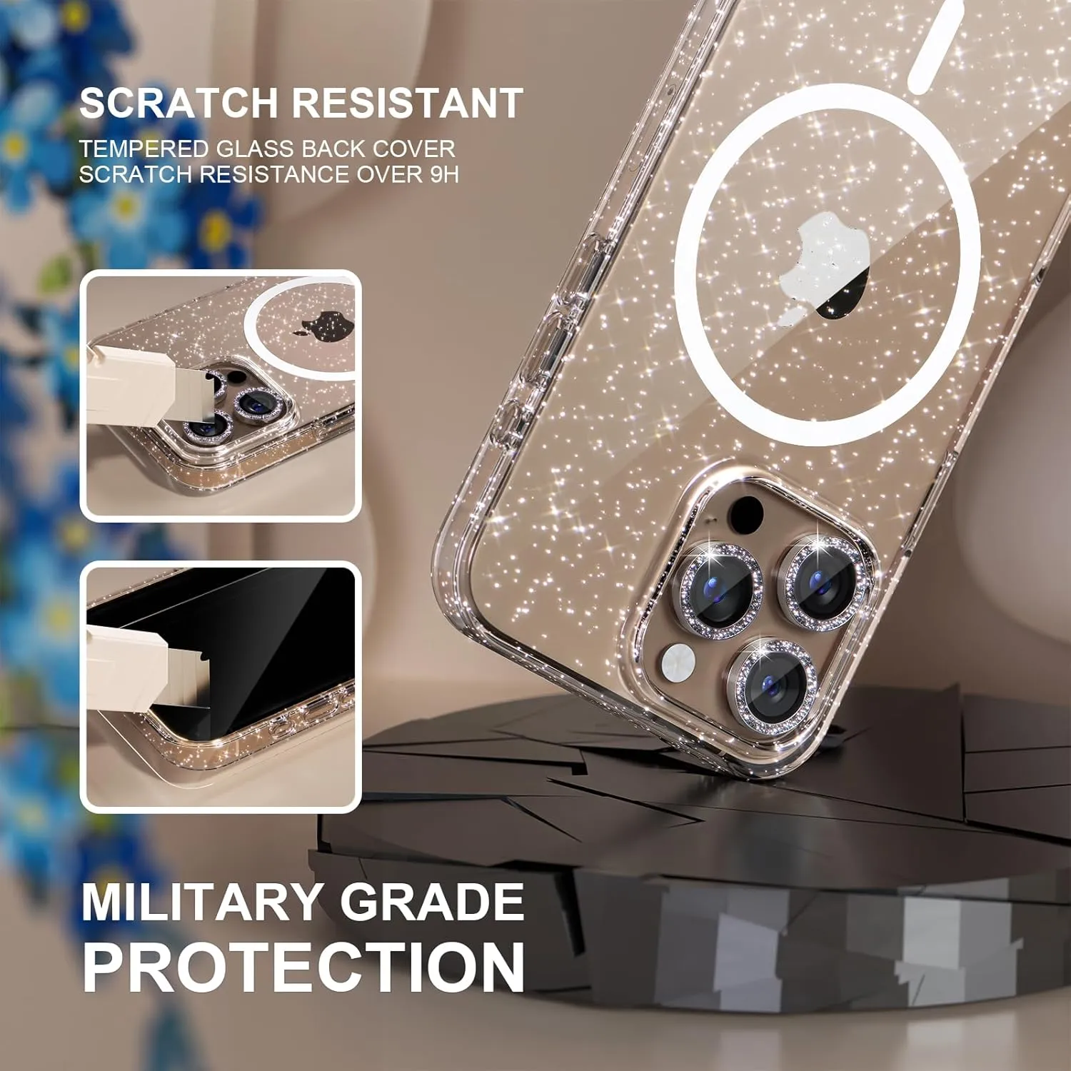 Choiche for iPhone 16 Pro Case Magnetic, Women Clear Glitter Bling Sparkly Case, [3xDiamond Camera Lens Protectors] [2xTempered Glass Screen Protectors] [Compatible MagSafe] 6.3" (Glitter Clear)