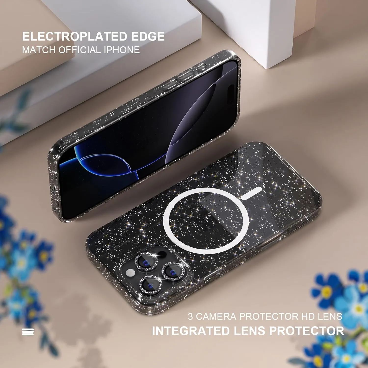 Choiche for iPhone 16 Pro Case Magnetic, Women Clear Glitter Bling Sparkly Case, [3xDiamond Camera Lens Protectors] [2xTempered Glass Screen Protectors] [Compatible MagSafe] 6.3"(Glitter Black)