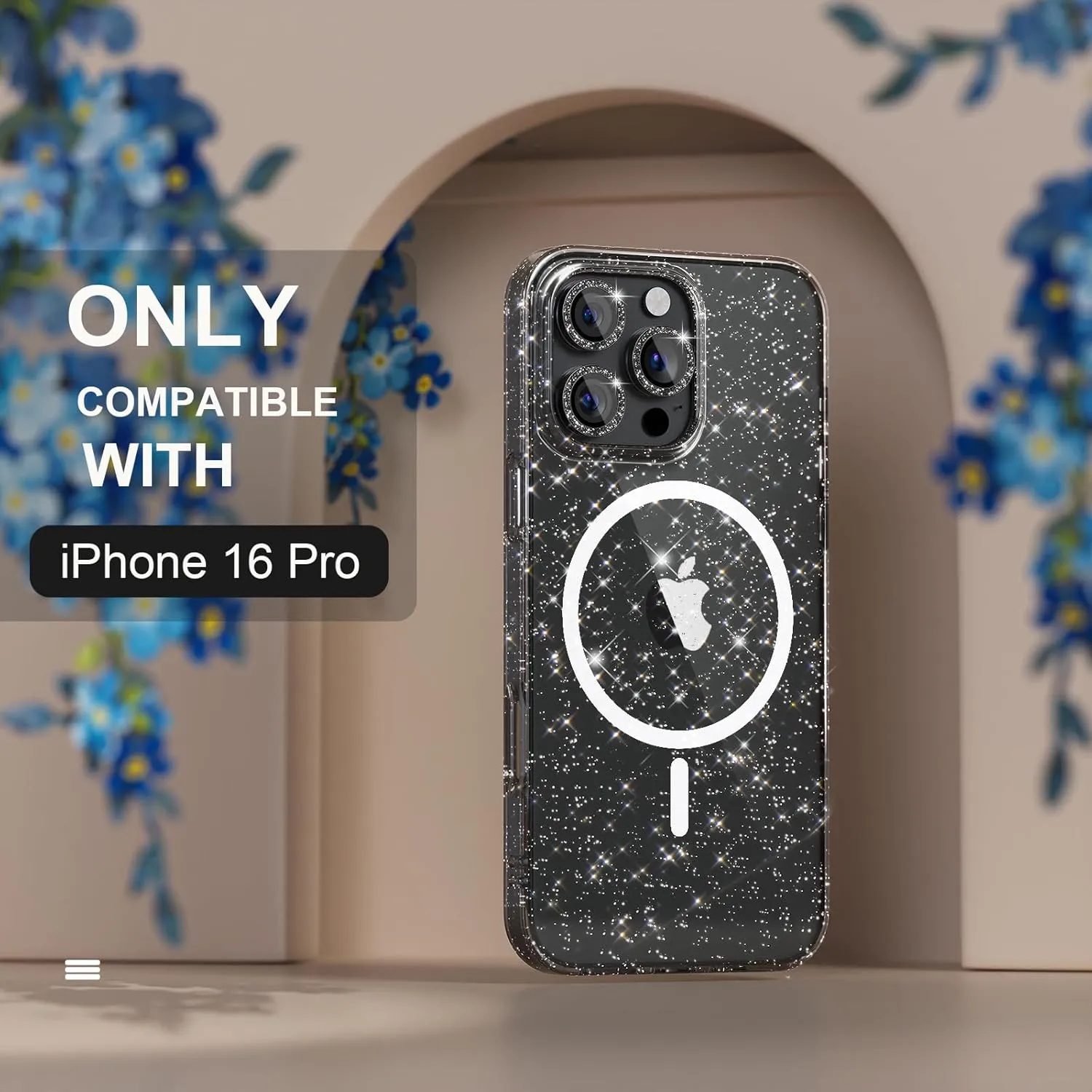 Choiche for iPhone 16 Pro Case Magnetic, Women Clear Glitter Bling Sparkly Case, [3xDiamond Camera Lens Protectors] [2xTempered Glass Screen Protectors] [Compatible MagSafe] 6.3"(Glitter Black)