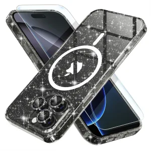 Choiche for iPhone 16 Pro Case Magnetic, Women Clear Glitter Bling Sparkly Case, [3xDiamond Camera Lens Protectors] [2xTempered Glass Screen Protectors] [Compatible MagSafe] 6.3"(Glitter Black)