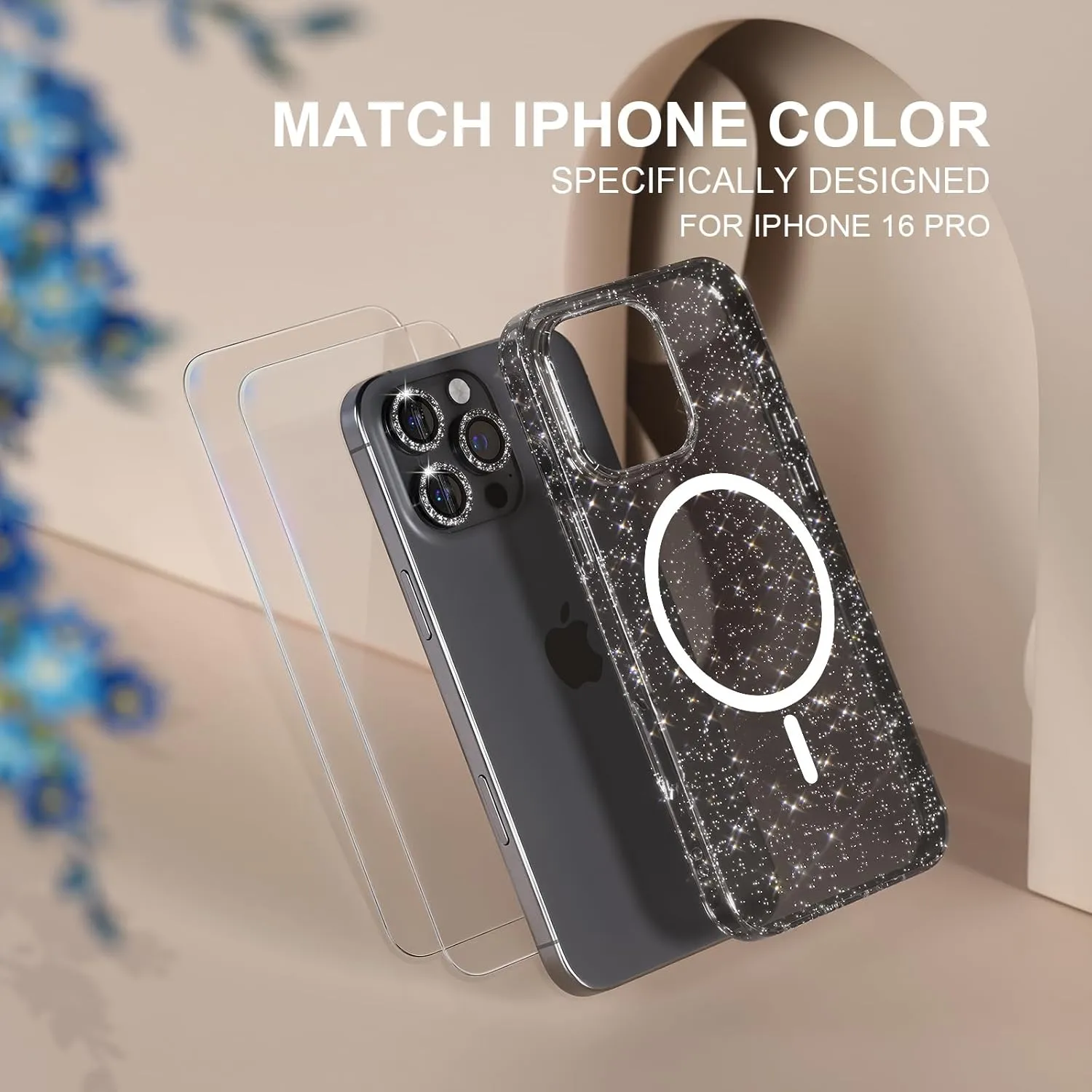 Choiche for iPhone 16 Pro Case Magnetic, Women Clear Glitter Bling Sparkly Case, [3xDiamond Camera Lens Protectors] [2xTempered Glass Screen Protectors] [Compatible MagSafe] 6.3"(Glitter Black)