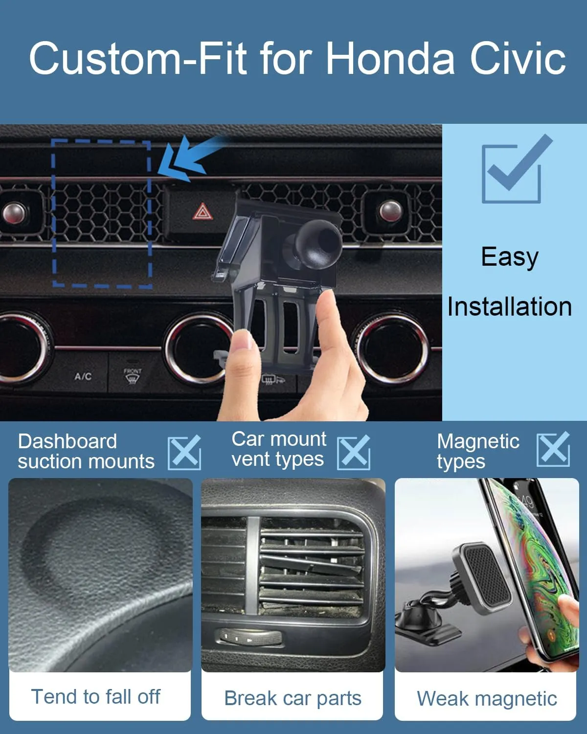 Civic Phone Mount Civic Phone Holder for 2025 2024 Civic Accessories Custom Fit for 2025 2024 2023 2022 Civic Compatible for All Cell Phones