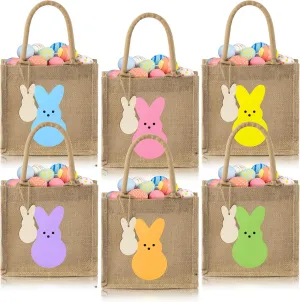 CJiangpo 6Pcs Reusable Easter Burlap Gift Bags, Large Egg Hunt Tote with Handles & Wooden Rabbit Cutouts, Easter Bunny Treat Baskets Linen Jute Party Favors for Kids Women Girls (13 x 8 Inch)