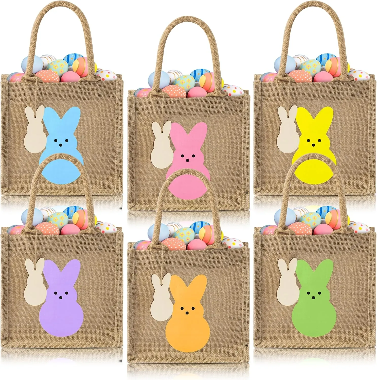 CJiangpo 6Pcs Reusable Easter Burlap Gift Bags, Large Egg Hunt Tote with Handles & Wooden Rabbit Cutouts, Easter Bunny Treat Baskets Linen Jute Party Favors for Kids Women Girls (13 x 8 Inch)