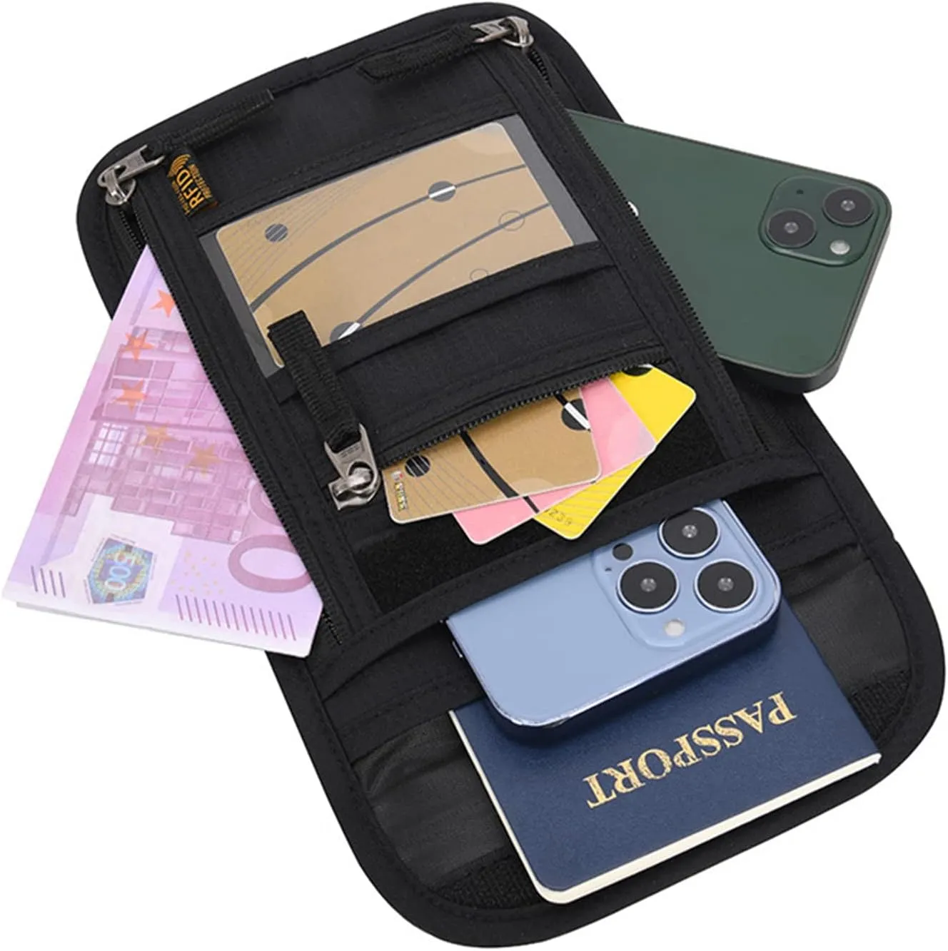 CLAPE RFID Neck Wallet Travel Bag with Soft and Innovative Tear-Resistant Fabric Family Passport Holder