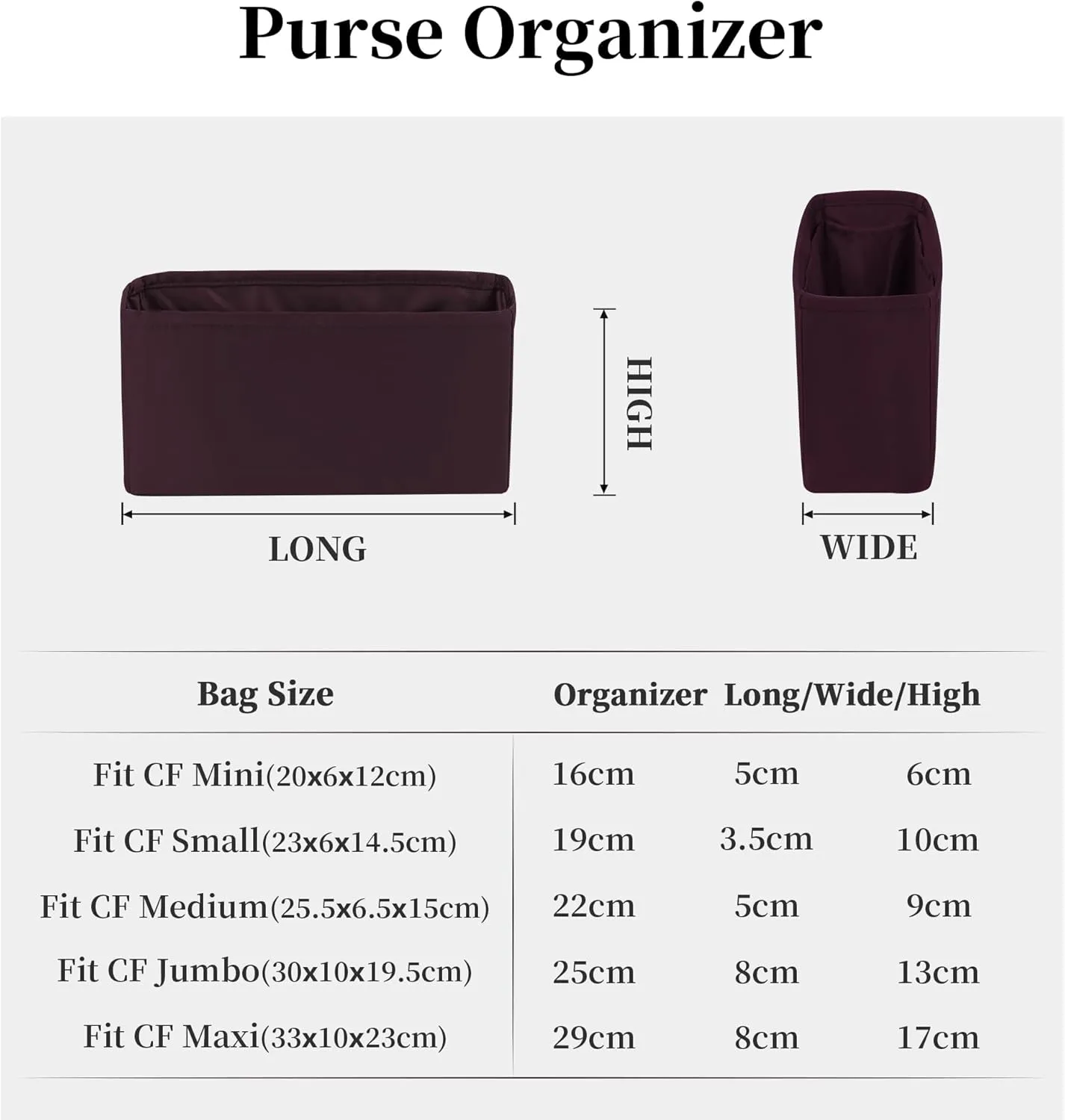 Classic Flap Bag Organizer Insert, Compatible With Chanel Mini 20, Lightweight Inner Bag (Cassis, CF Mini)