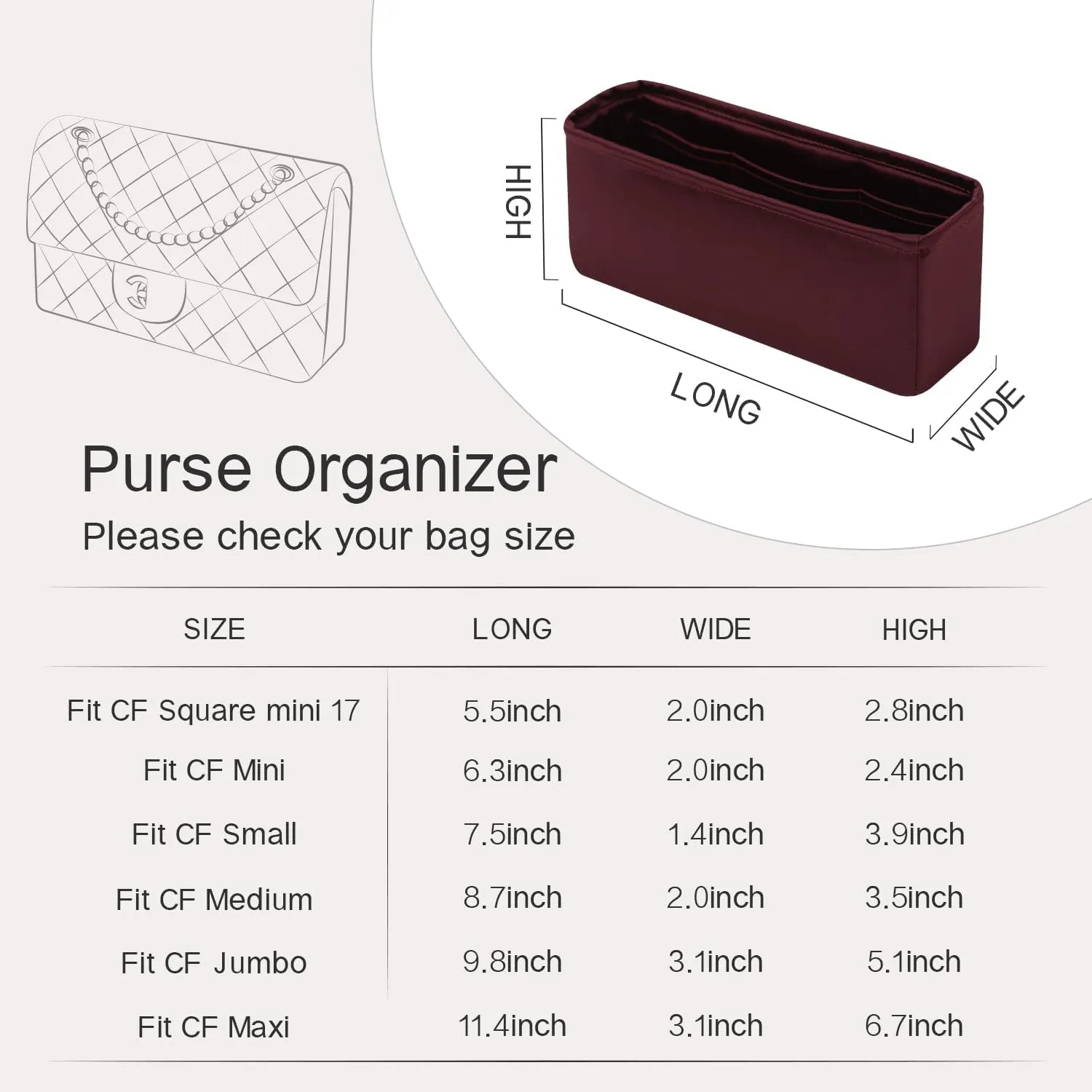 Classic Flap Insert, Purse Organizer Insert Compatible with Chanel Classic Flap Medium, Lightweight and Silky Smooth, Bag Organizer for CF Medium 25 (Medium, Burgundy)