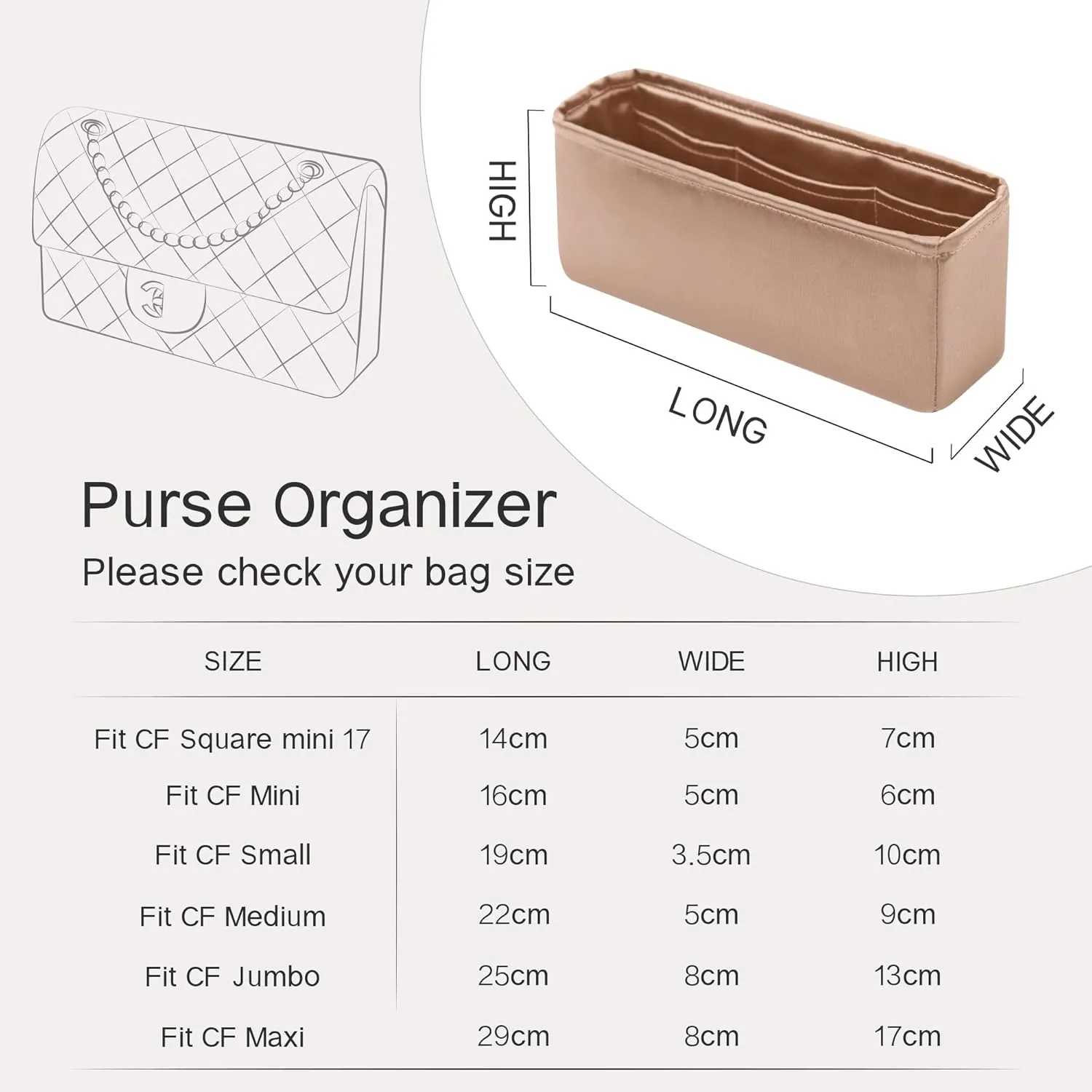 Classic Flap Jumbo Insert, Purse Organizer Insert Compatible with Chanel Classic Flap Bag Jumbo, Lightweight and Silky Smooth Handbag Shaper (Jumbo, Chai)