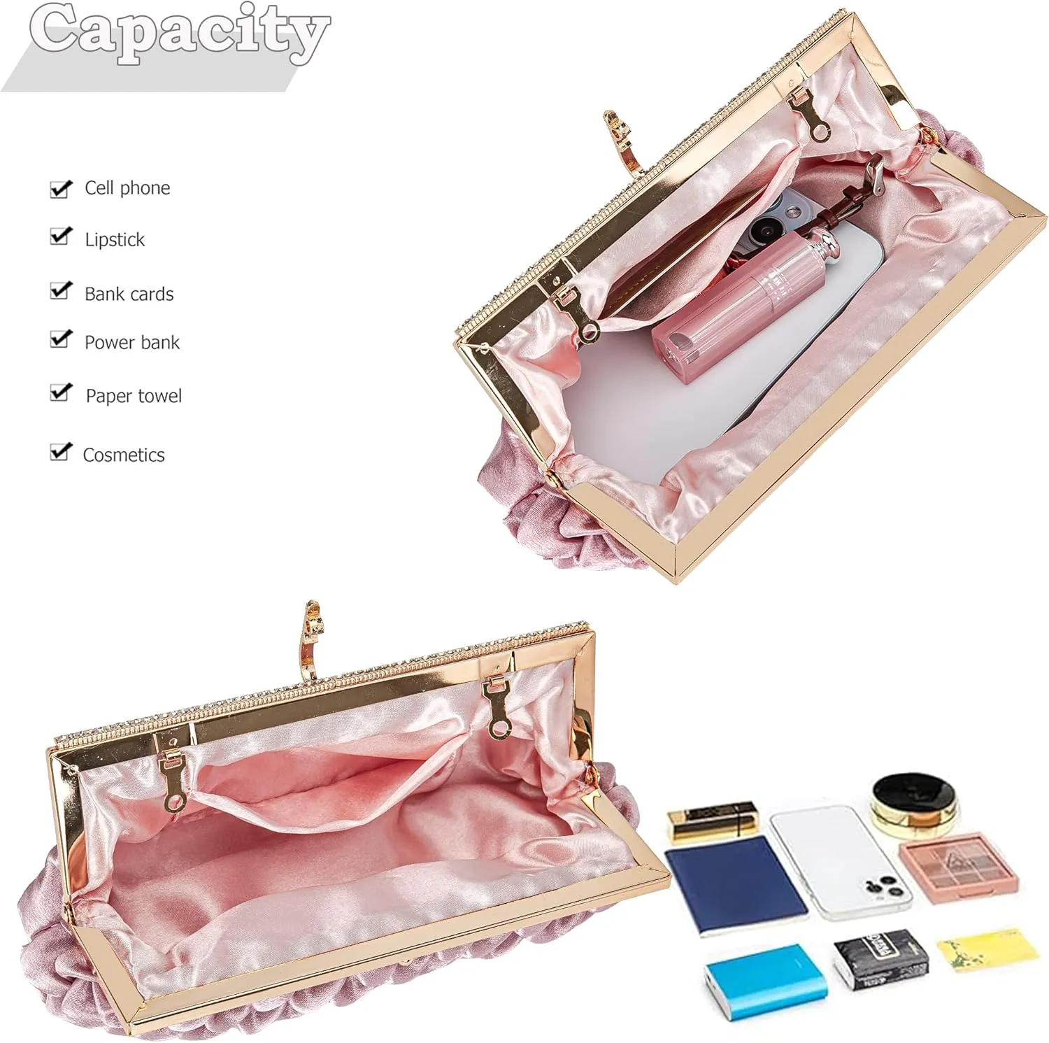 Classic Satin Clutch Bag Diamante Embellished Formal Evening Handbag for Wedding Prom Party Purses