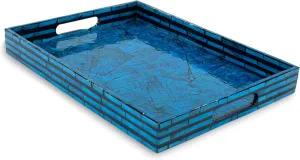 CLAYNIX Serving Tray 15.7" X11.8", Lacquer Mother of Pearl Inlay Mosaic Tray, Rectangle Wooden Marble Tray with Handles Trays for Tea, Breakfast in Bed, Table (Dark Blue)