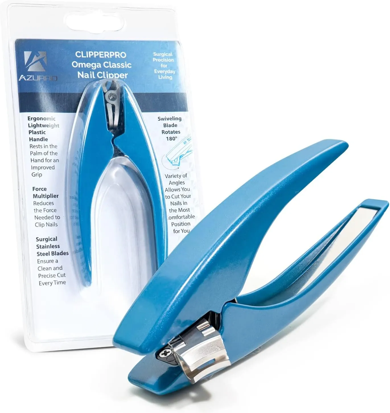 Clipperpro Omega Classic Fingernail Clipper - Ergonomic Heavy-duty Nail Clippers | Lightweight Clippers with 180 Degrees Swivel Head and Stainless Steel Blades