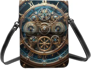 clock gears machinery golden blue Leather Small Crossbody Bags for Women Cell Phone Bag Wallet Purses with Adjustable Strap
