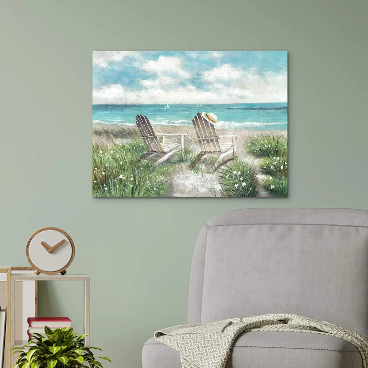 Coastal Canvas Wall Art Painting: Beach Picture Textured Ocean Seaside Chair Scene Print Abstract Hand Painted Seascape Artwork Decor for Bedroom Living Room