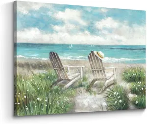 Coastal Canvas Wall Art Painting: Beach Picture Textured Ocean Seaside Chair Scene Print Abstract Hand Painted Seascape Artwork Decor for Bedroom Living Room