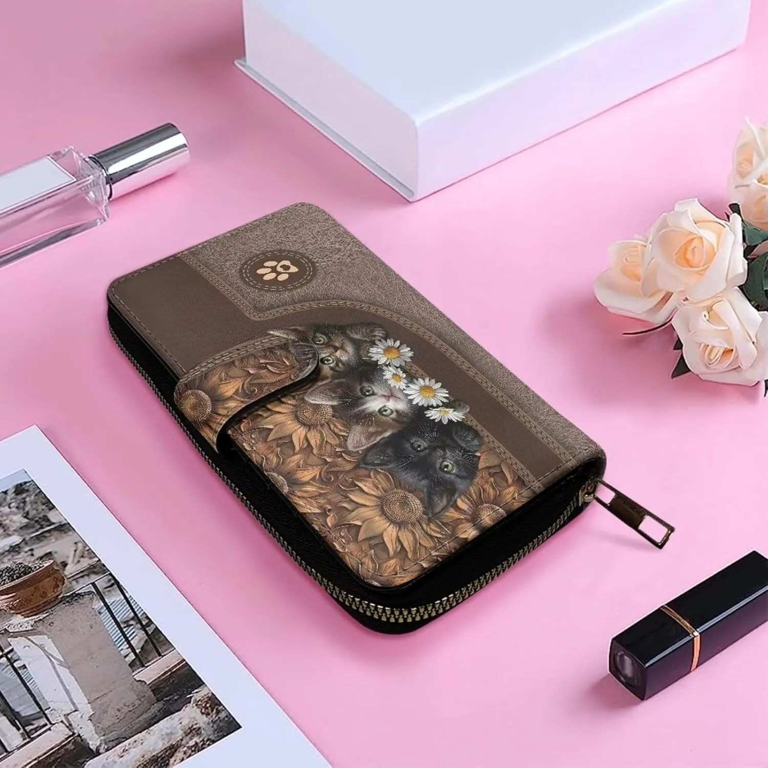 COEQINE Ladies Wallets Pink Leopard Heart Black Printed Leather Phone Long Clutch Purses Check Coin Change Holder