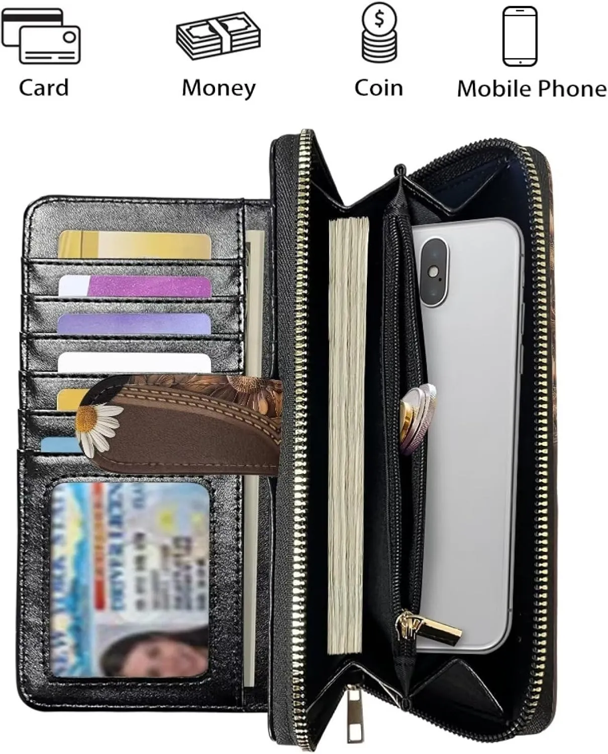 COEQINE Ladies Wallets Pink Leopard Heart Black Printed Leather Phone Long Clutch Purses Check Coin Change Holder