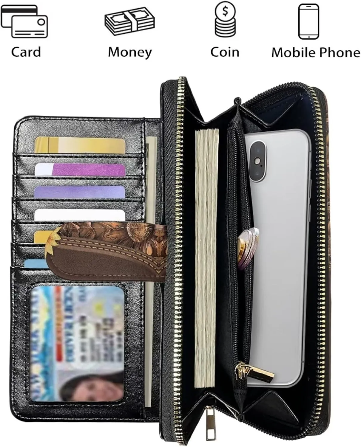 COEQINE Ladies Wallets Pink Leopard Heart Black Printed Leather Phone Long Clutch Purses Check Coin Change Holder