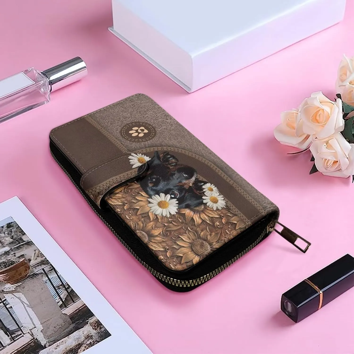 COEQINE Ladies Wallets Pink Leopard Heart Black Printed Leather Phone Long Clutch Purses Check Coin Change Holder