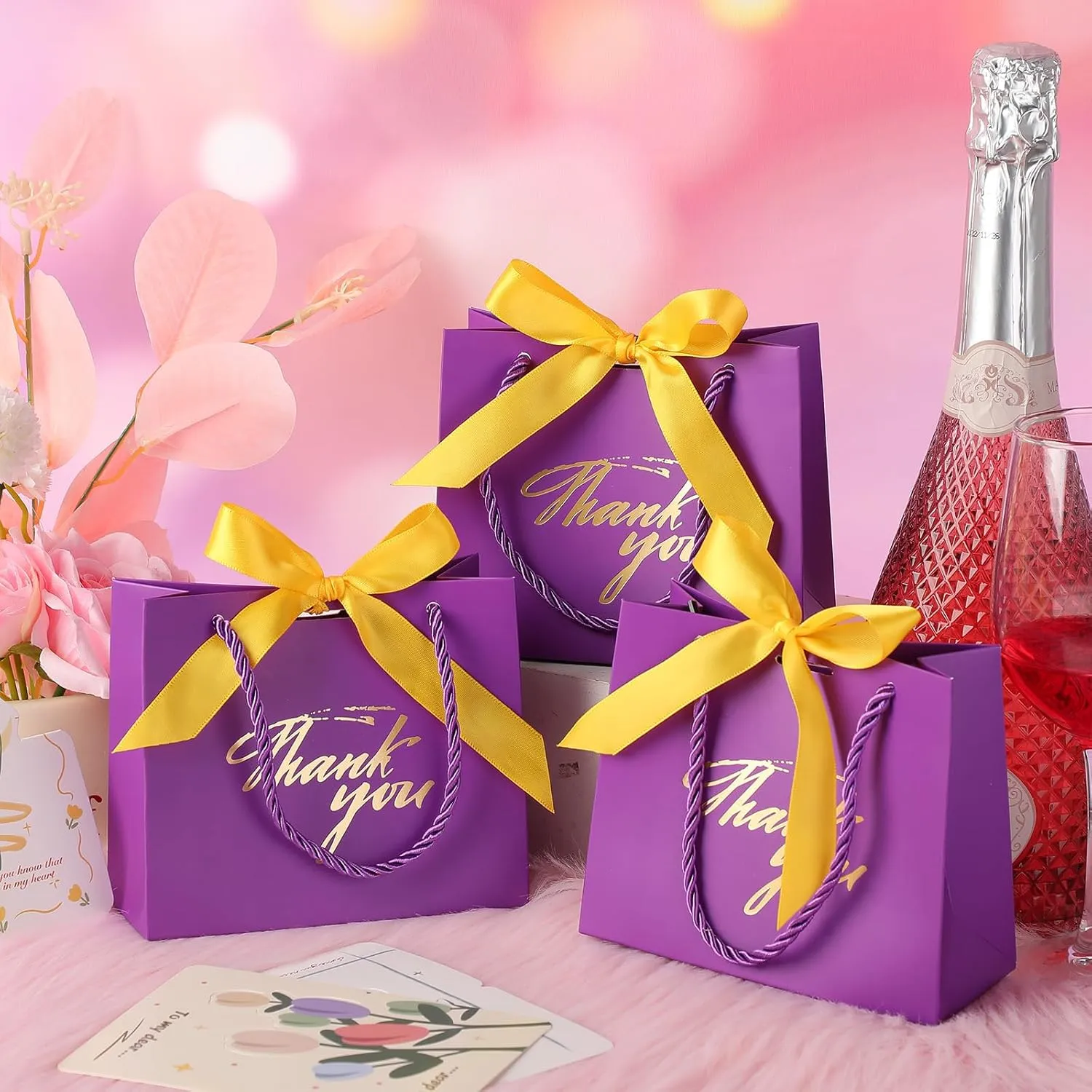 Colarr 120 Pcs Small Thank You Gift Bags Mini Party Favor Candy Bags with Handles and Bow Ribbon for Wedding Birthday Baby Shower Guest Teachers Party Supplies(Purple)