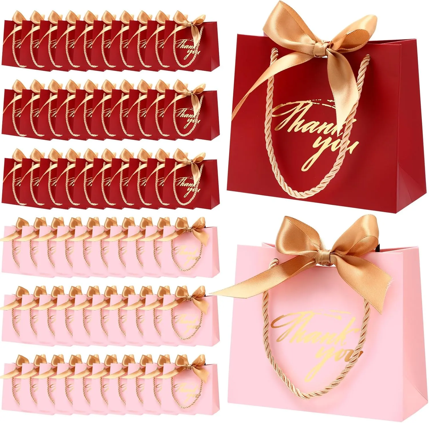 Colarr 60 Pcs Small Thank You Gift Bags Mini Party Favor Candy Bags with Handles and Bow Ribbon for Wedding Birthday Baby Shower Guest Valentines Day Party Supplies(Pink and Red Bag)