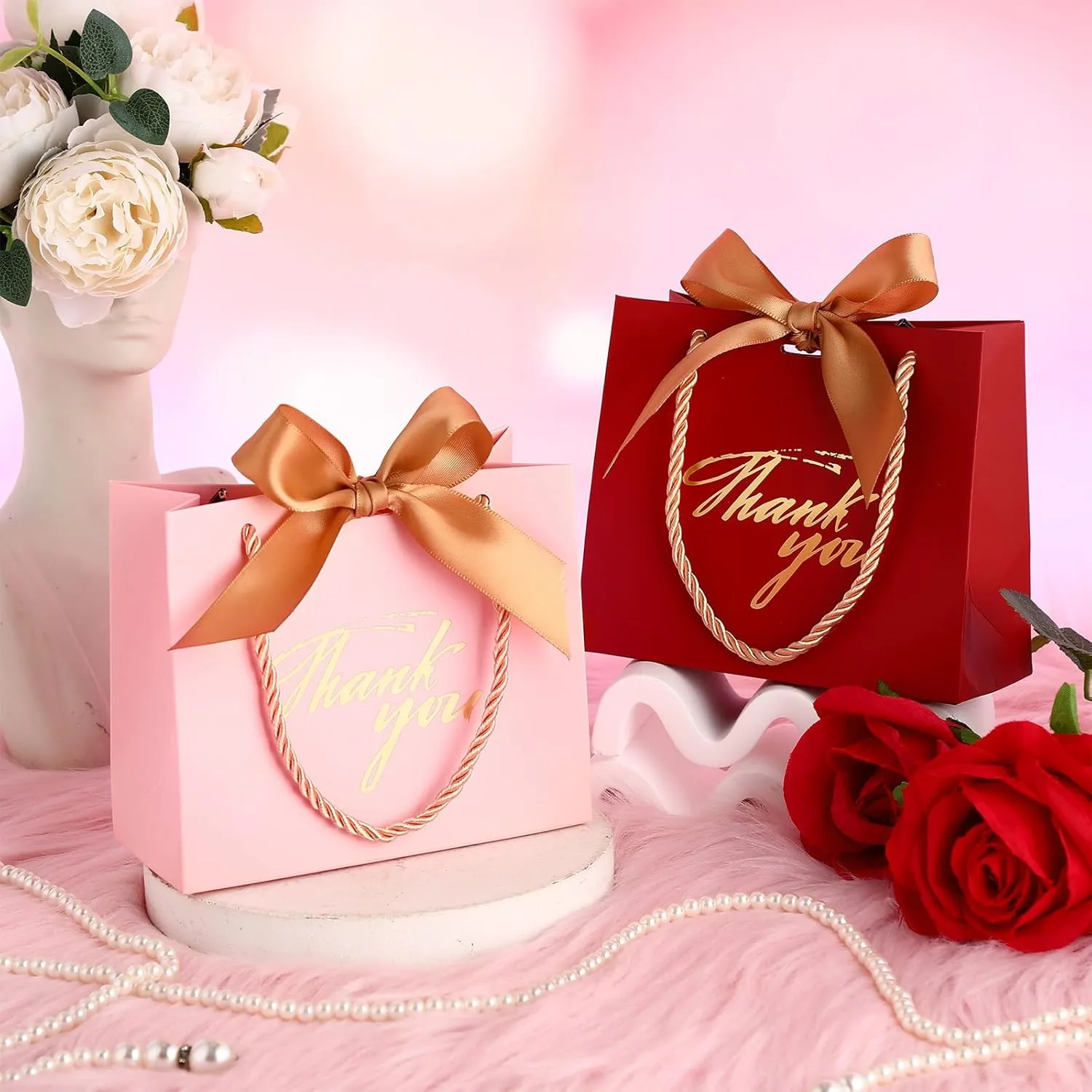 Colarr 60 Pcs Small Thank You Gift Bags Mini Party Favor Candy Bags with Handles and Bow Ribbon for Wedding Birthday Baby Shower Guest Valentines Day Party Supplies(Pink and Red Bag)