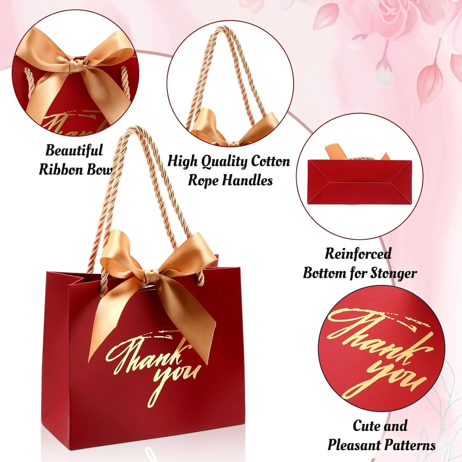 Colarr 60 Pcs Small Thank You Gift Bags Mini Party Favor Candy Bags with Handles and Bow Ribbon for Wedding Birthday Baby Shower Guest Valentines Day Party Supplies(Pink and Red Bag)