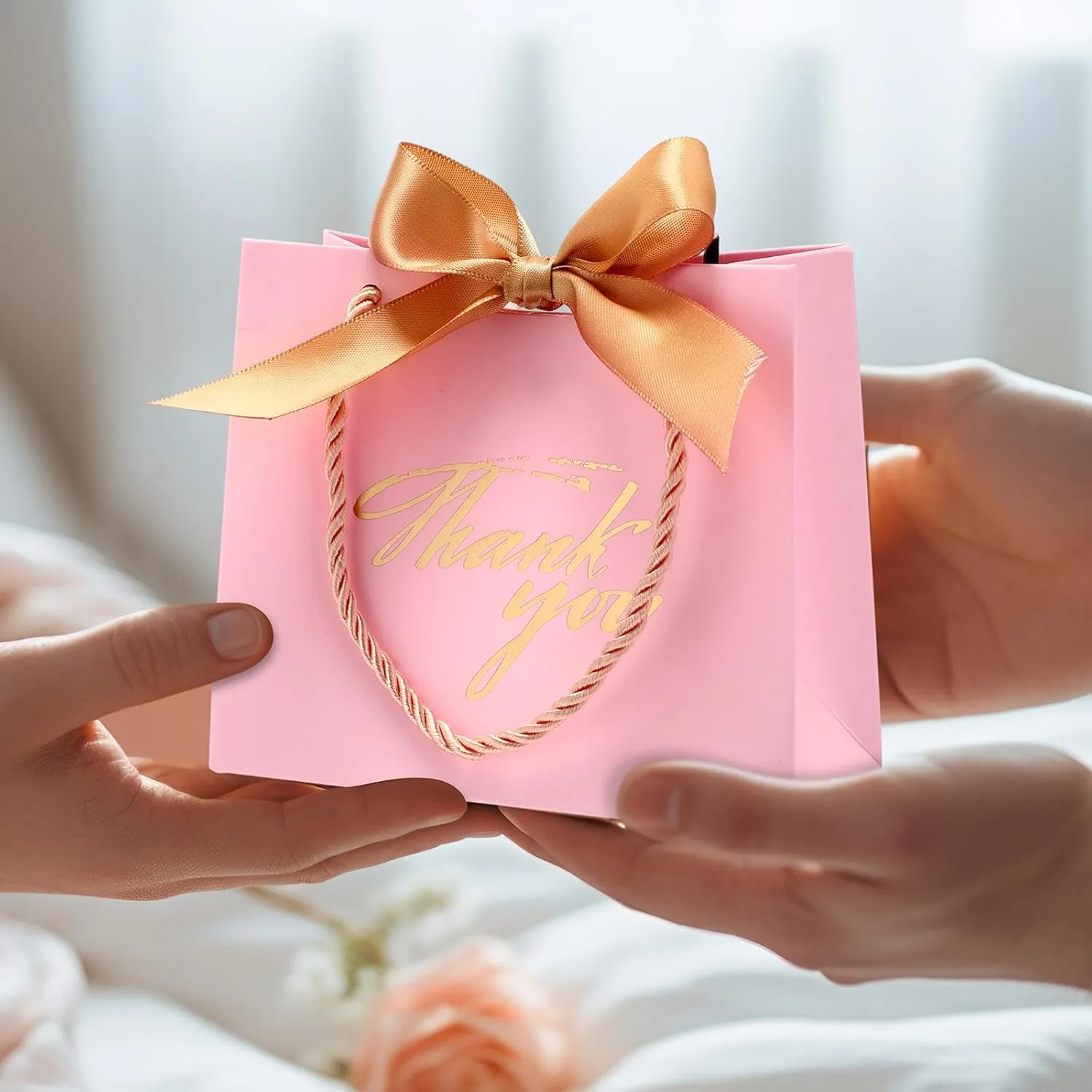 Colarr 60 Pcs Small Thank You Gift Bags Mini Party Favor Candy Bags with Handles and Bow Ribbon for Wedding Birthday Baby Shower Guest Valentines Day Party Supplies(Pink and Red Bag)