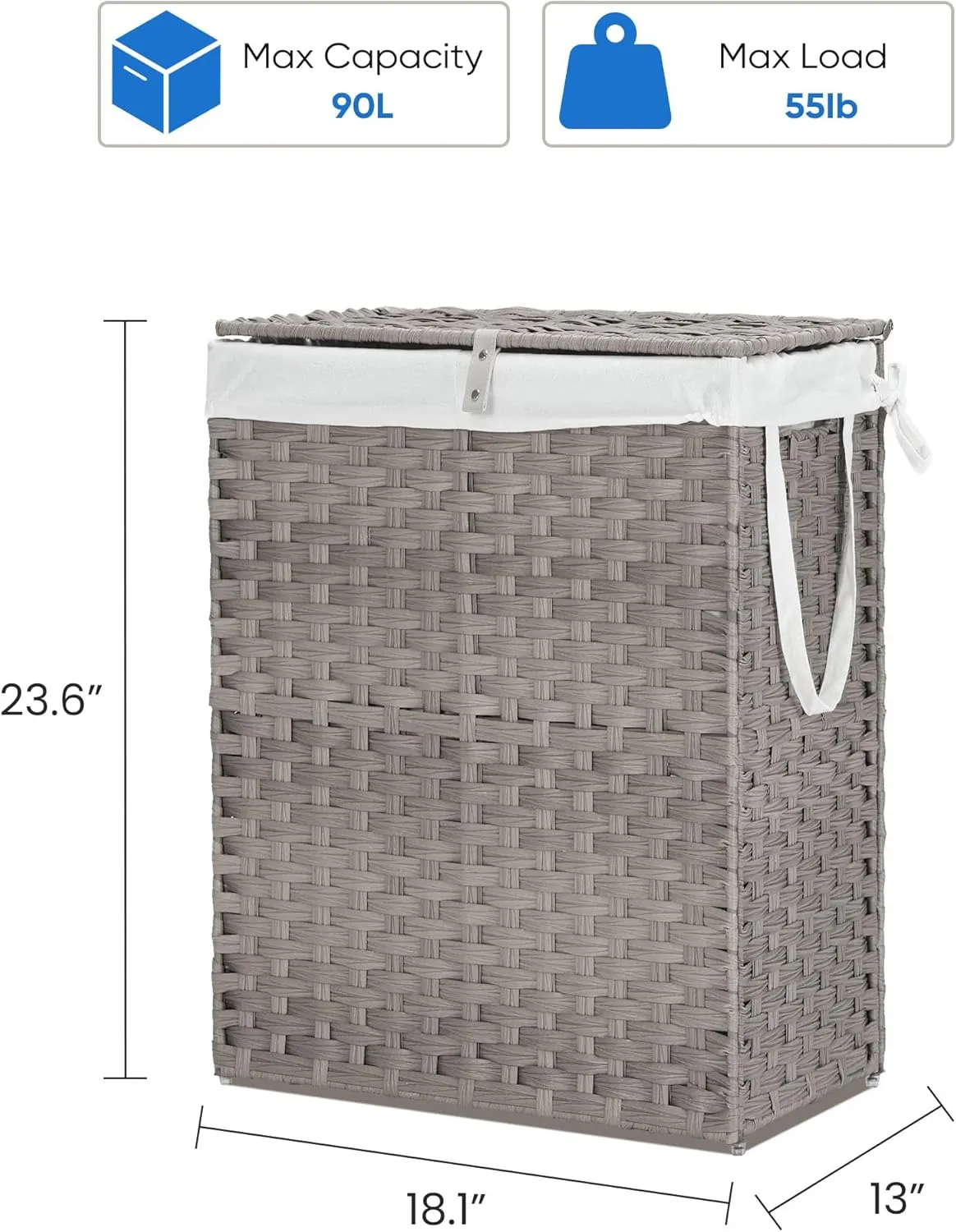 Collapsible Laundry Basket with Lid 90L Hamper for Bedroom PP Rattan Woven Laundry Basket Waterproof with Removable Bag&Handles, Foldable for Household Item, Dirty Cloth, Grey
