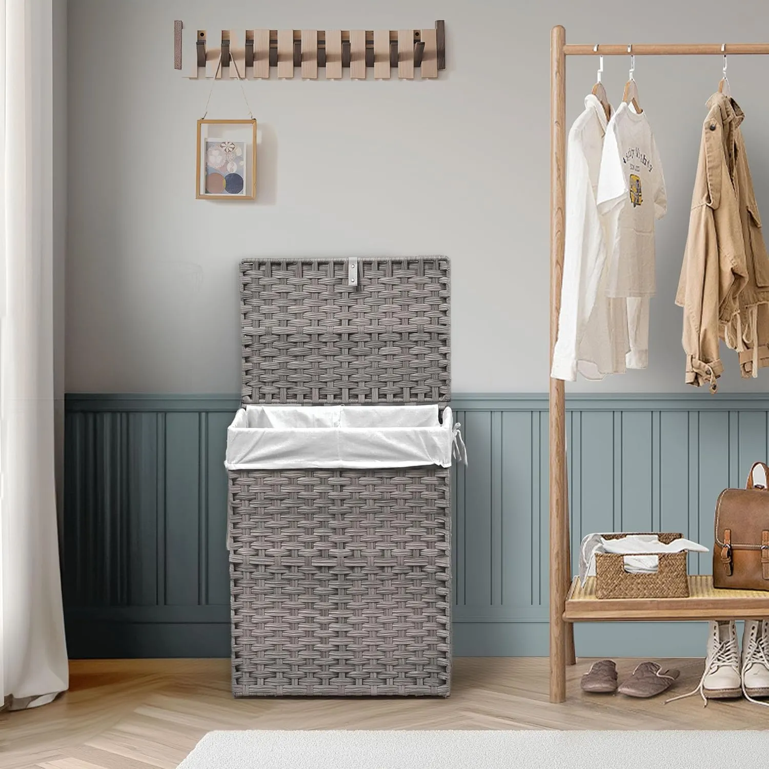 Collapsible Laundry Basket with Lid 90L Hamper for Bedroom PP Rattan Woven Laundry Basket Waterproof with Removable Bag&Handles, Foldable for Household Item, Dirty Cloth, Grey