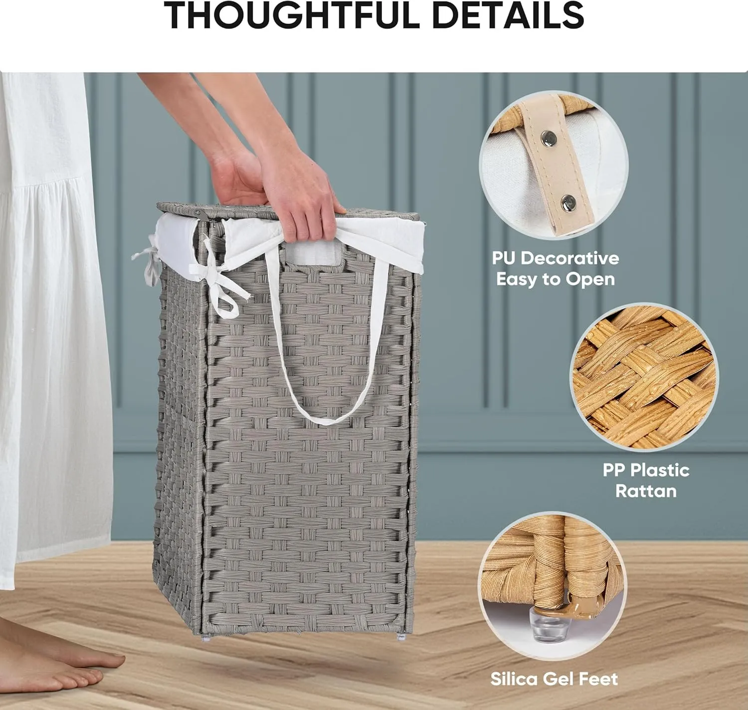 Collapsible Laundry Basket with Lid 90L Hamper for Bedroom PP Rattan Woven Laundry Basket Waterproof with Removable Bag&Handles, Foldable for Household Item, Dirty Cloth, Grey