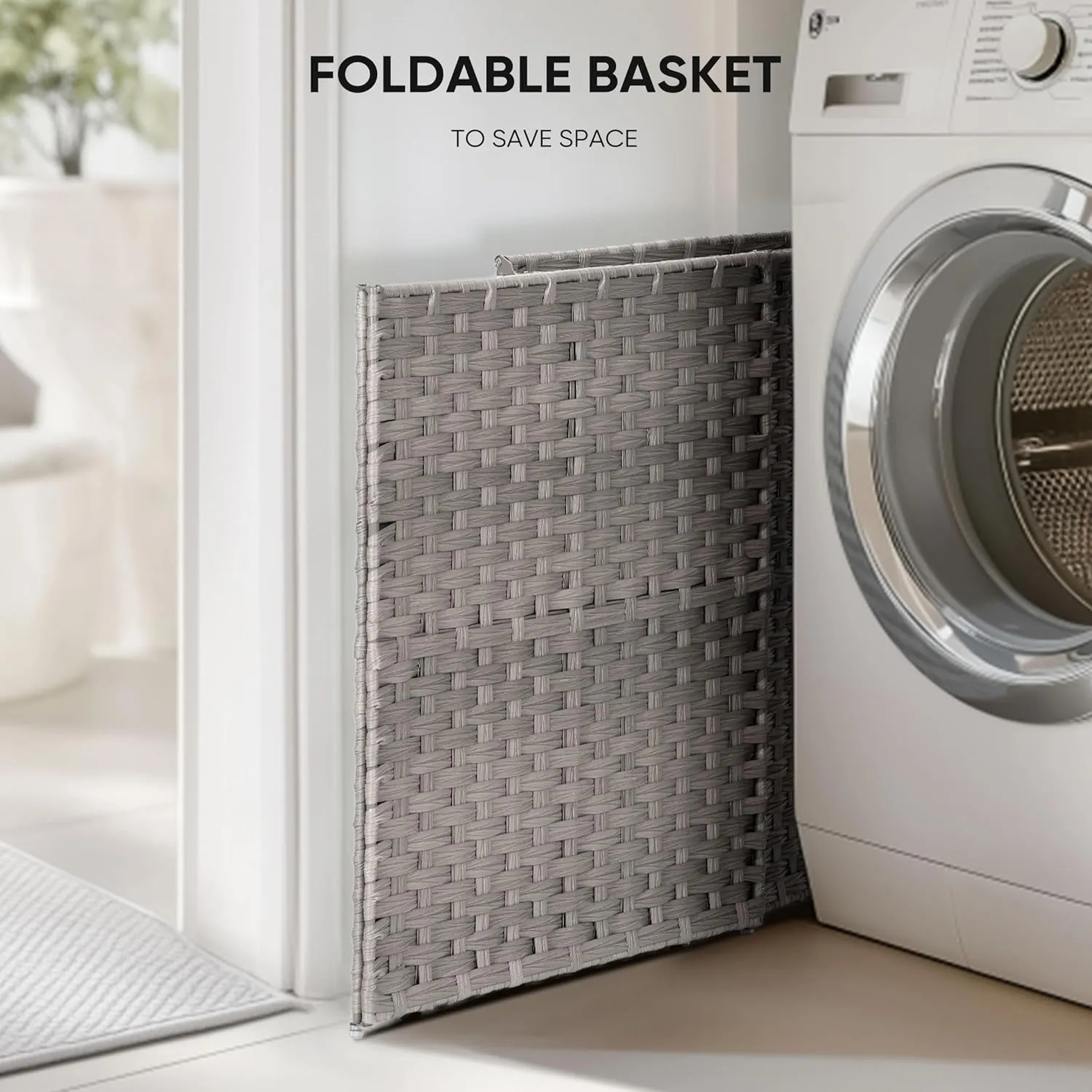 Collapsible Laundry Basket with Lid 90L Hamper for Bedroom PP Rattan Woven Laundry Basket Waterproof with Removable Bag&Handles, Foldable for Household Item, Dirty Cloth, Grey