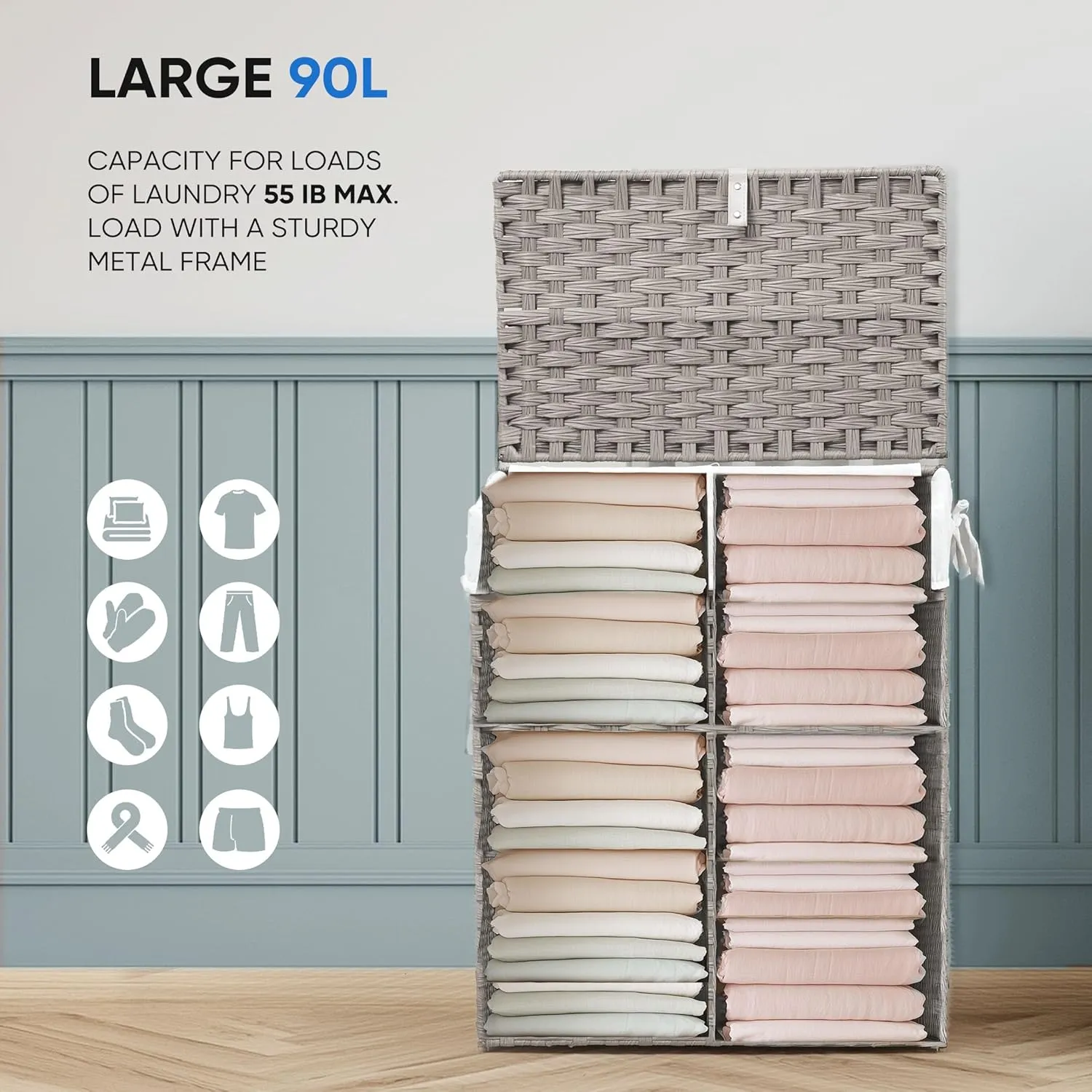Collapsible Laundry Basket with Lid 90L Hamper for Bedroom PP Rattan Woven Laundry Basket Waterproof with Removable Bag&Handles, Foldable for Household Item, Dirty Cloth, Grey
