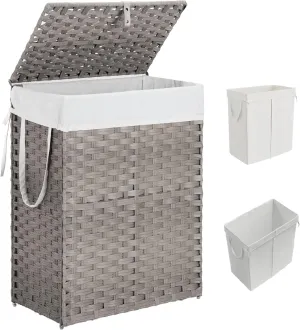 Collapsible Laundry Basket with Lid 90L Hamper for Bedroom PP Rattan Woven Laundry Basket Waterproof with Removable Bag&Handles, Foldable for Household Item, Dirty Cloth, Grey