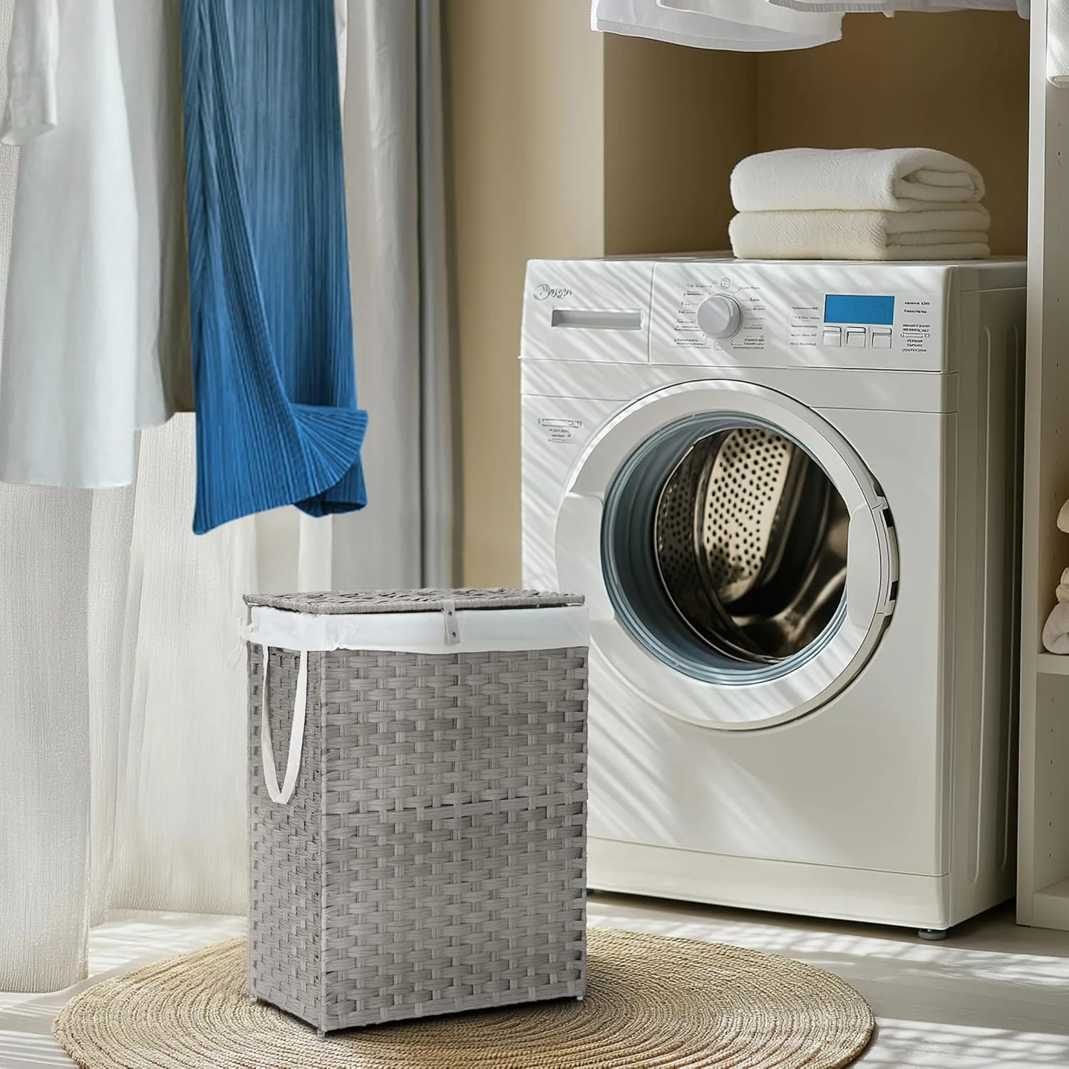 Collapsible Laundry Basket with Lid 90L Hamper for Bedroom PP Rattan Woven Laundry Basket Waterproof with Removable Bag&Handles, Foldable for Household Item, Dirty Cloth, Grey