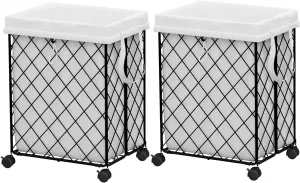 Collapsible Laundry Hamper with Rolling Wheels – Metal Wire Sturdy, Heavy Duty Laundry Basket Washable Removable Liner Bag & Metal Handle Closthes Organizer (Black,2 packs)