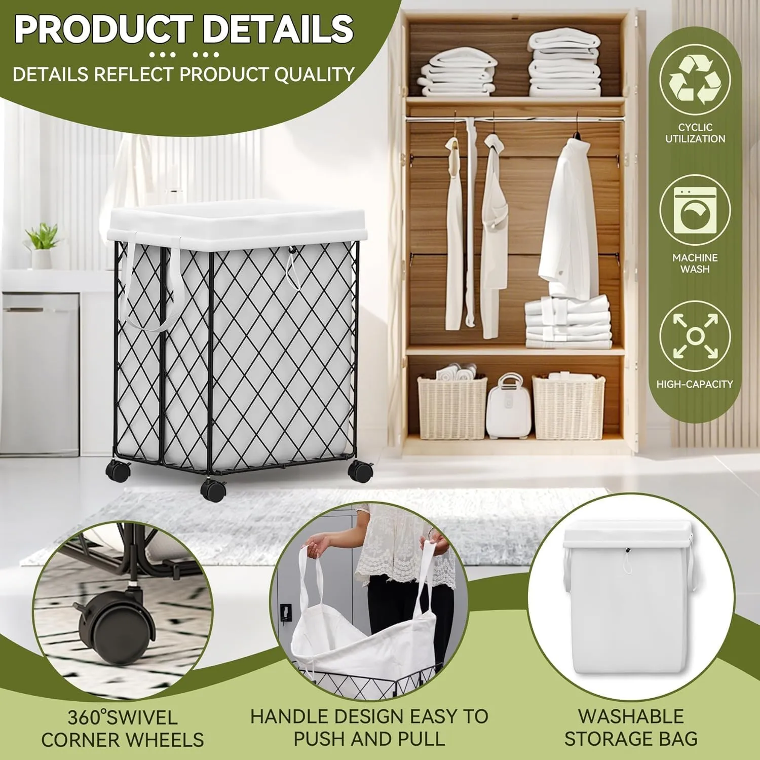 Collapsible Laundry Hamper with Rolling Wheels – Metal Wire Sturdy, Heavy Duty Laundry Basket Washable Removable Liner Bag & Metal Handle Closthes Organizer (Black,2 packs)