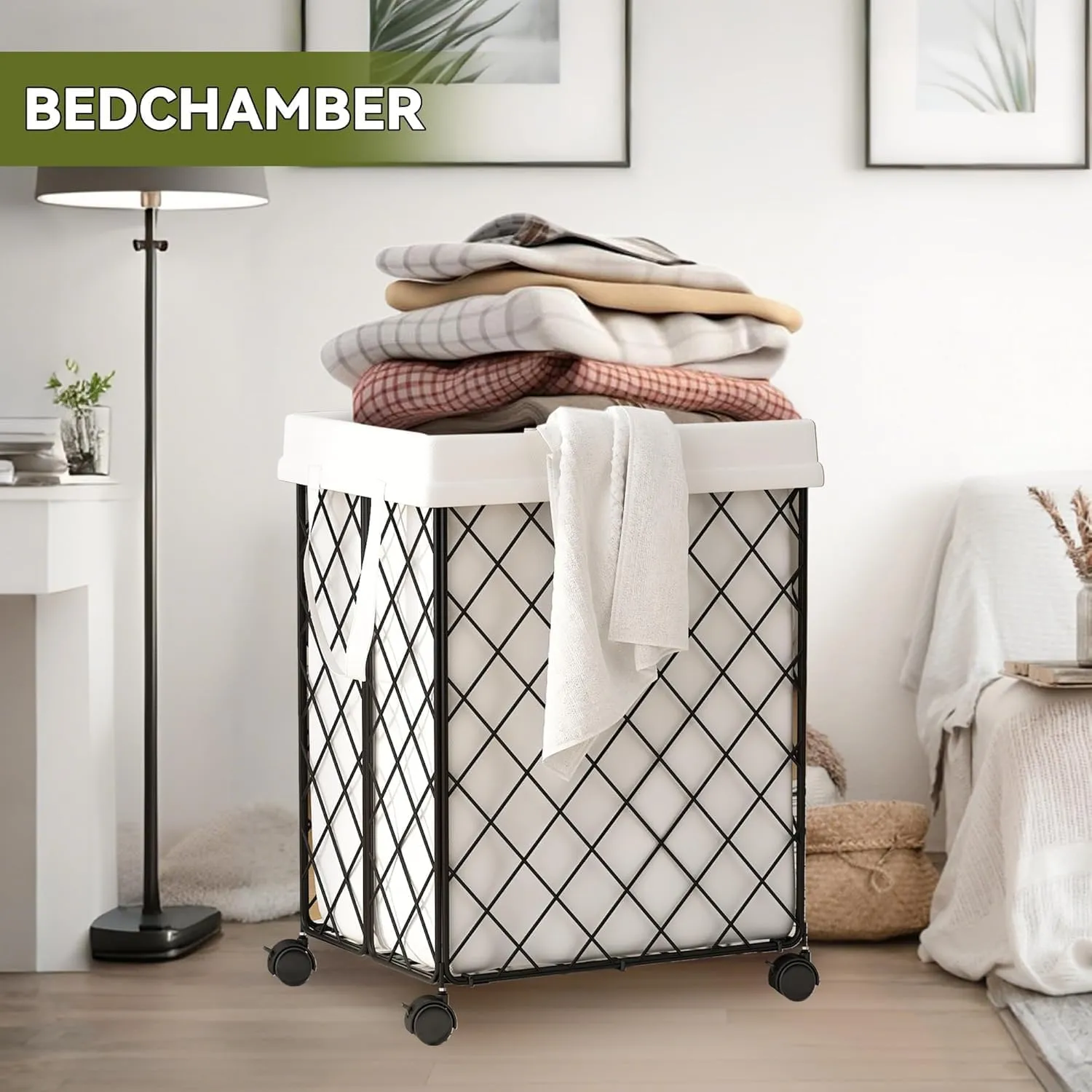 Collapsible Laundry Hamper with Rolling Wheels – Metal Wire Sturdy, Heavy Duty Laundry Basket Washable Removable Liner Bag & Metal Handle Closthes Organizer (Black,2 packs)