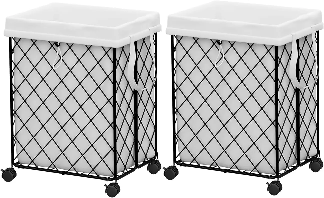 Collapsible Laundry Hamper with Rolling Wheels – Metal Wire Sturdy, Heavy Duty Laundry Basket Washable Removable Liner Bag & Metal Handle Closthes Organizer (Black,2 packs)