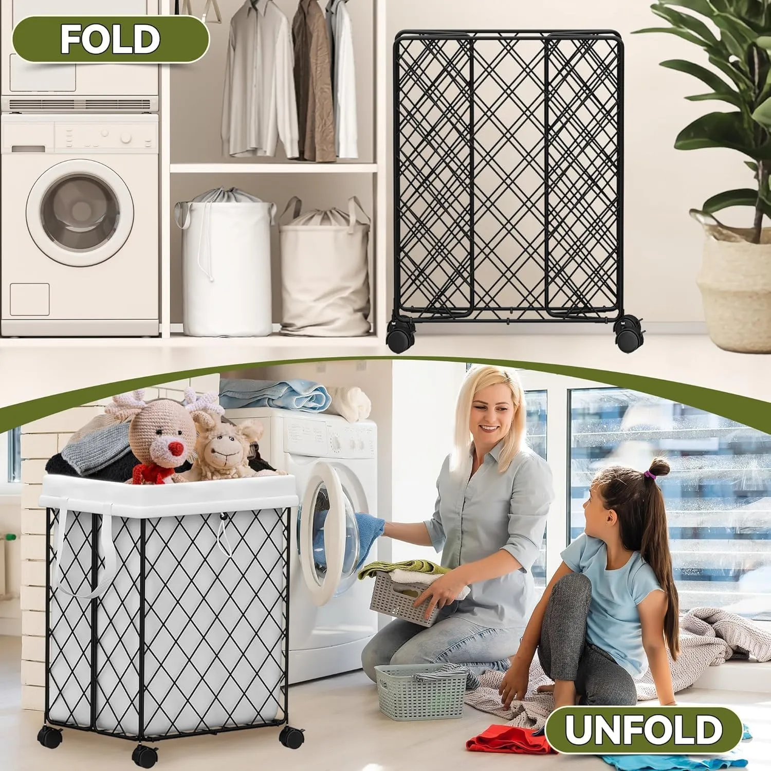 Collapsible Laundry Hamper with Rolling Wheels – Metal Wire Sturdy, Heavy Duty Laundry Basket Washable Removable Liner Bag & Metal Handle Closthes Organizer (Black,2 packs)
