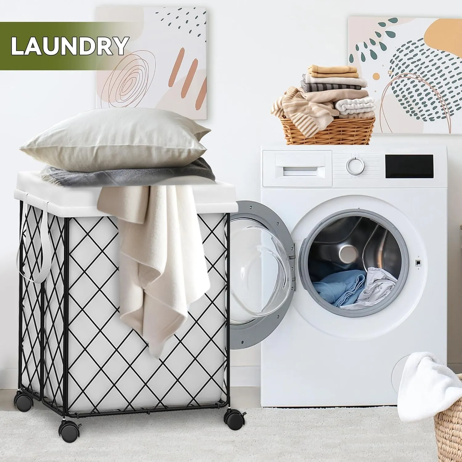 Collapsible Laundry Hamper with Rolling Wheels – Metal Wire Sturdy, Heavy Duty Laundry Basket Washable Removable Liner Bag & Metal Handle Closthes Organizer (Black,2 packs)