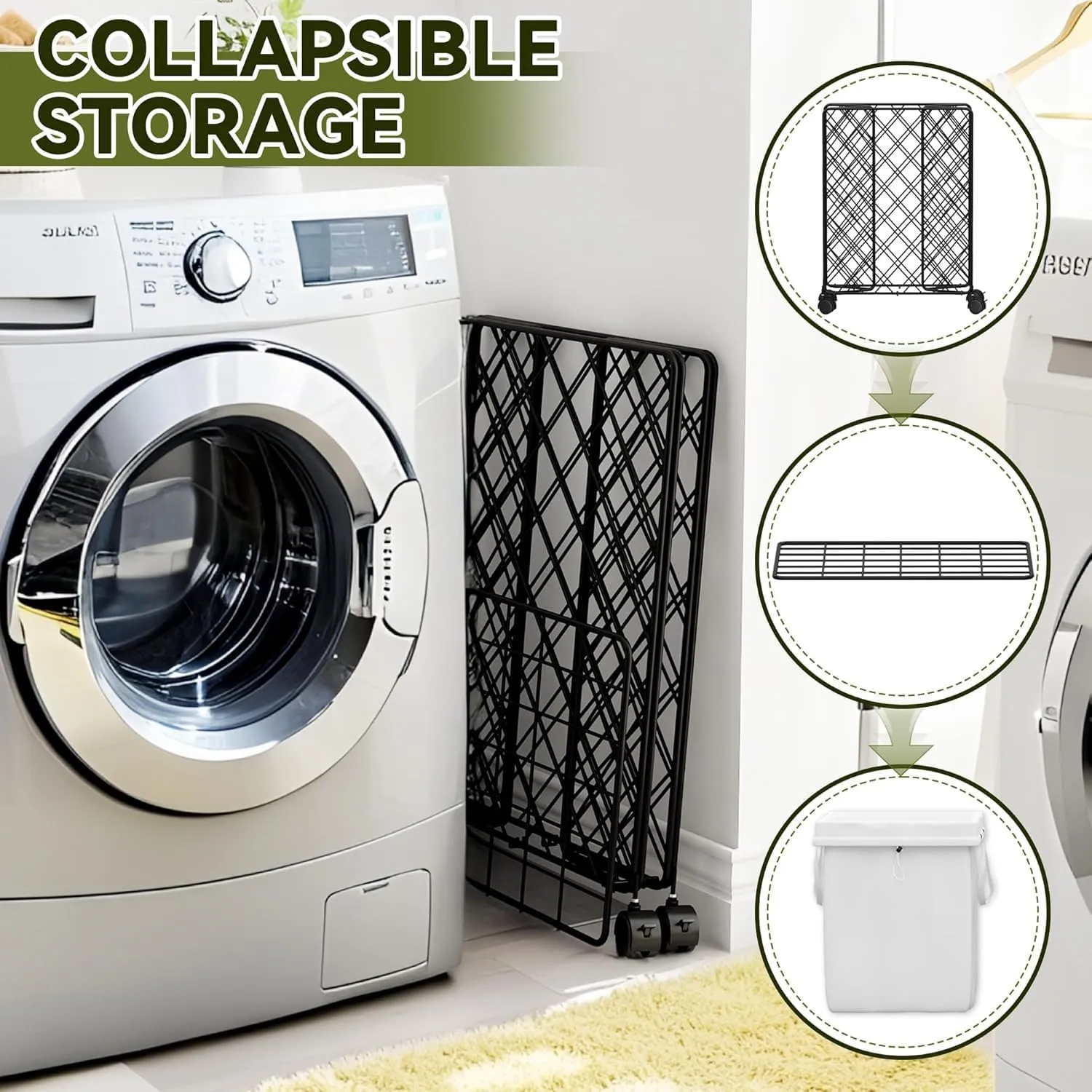 Collapsible Laundry Hamper with Rolling Wheels – Metal Wire Sturdy, Heavy Duty Laundry Basket Washable Removable Liner Bag & Metal Handle Closthes Organizer (Black,2 packs)