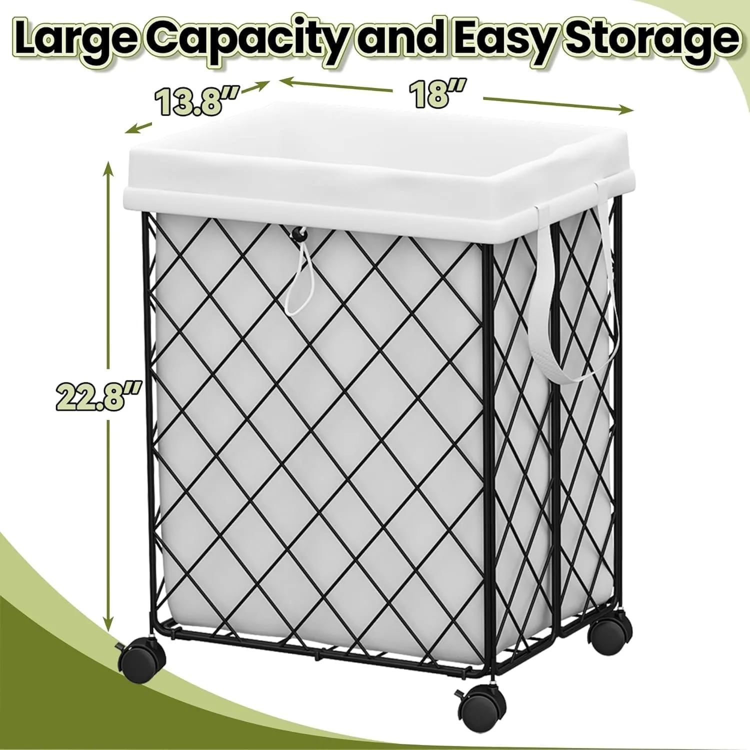 Collapsible Laundry Hamper with Rolling Wheels – Metal Wire Sturdy, Heavy Duty Laundry Basket Washable Removable Liner Bag & Metal Handle Closthes Organizer (Black,2 packs)