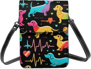 Colorful-Dachshund-Heartbeat Microfiber Pu Leather Crossbody Phone Bag, Portable Shoulder Phone Wallet