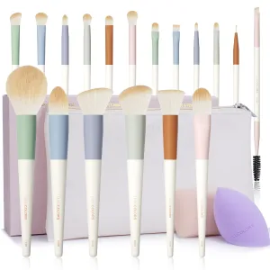 Colorful Series 18-Pcs Makeup Brush Set with Soft, Cruelty-Free Synthetic Bristles, Wooden Matte Handles, 2 Latex-Free Makeup Sponges & Travel Storage Bag – Face & Eye Brushes for Makeup
